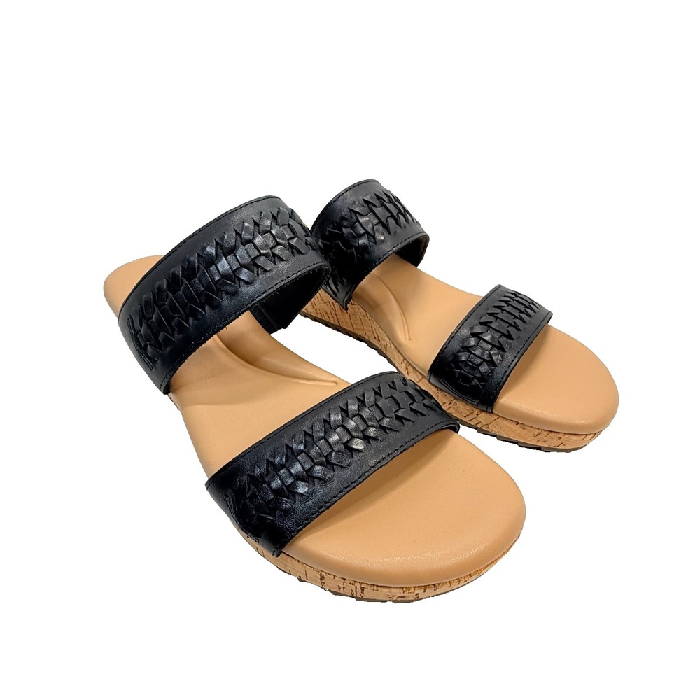 Easy Spirit Wedge Sandals Womens 8.5 Black Woven Straps Cork Platform Comfort